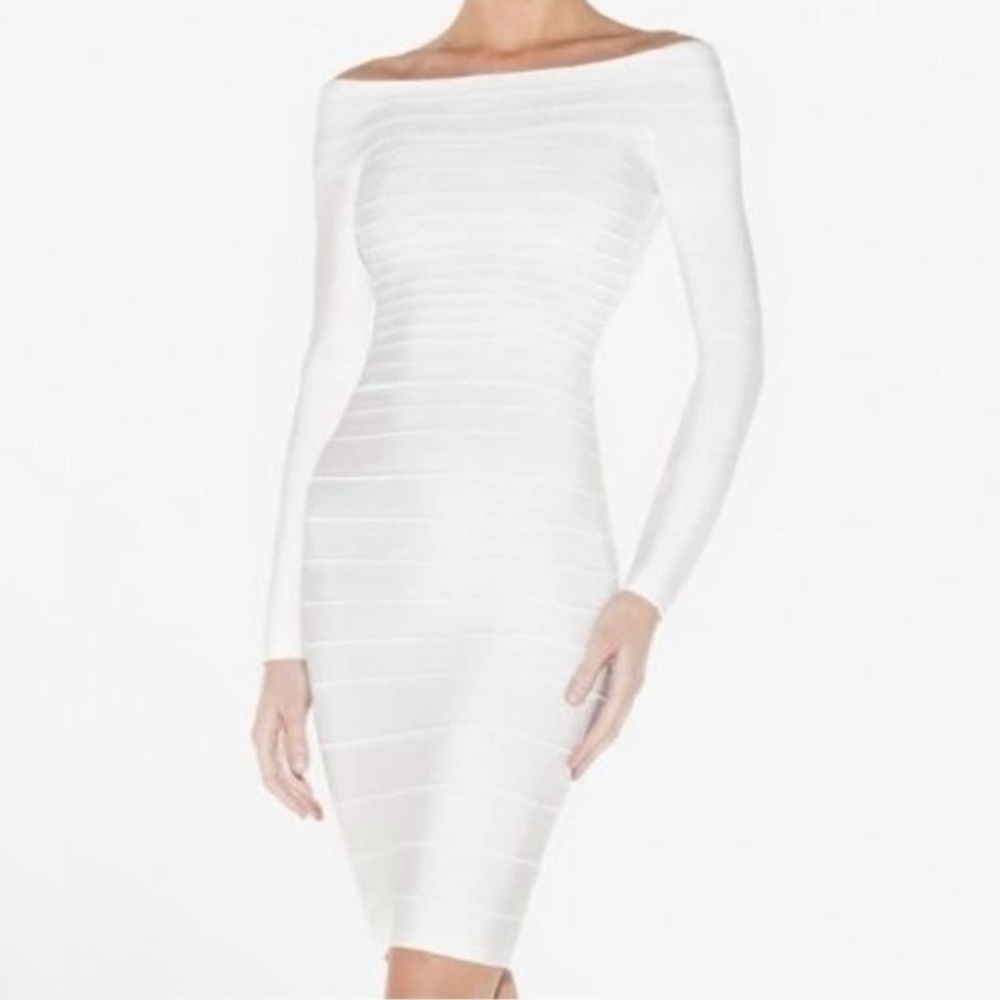 Herve Leger Candice Off Shoulder Bandage Dress Alabaster Off White XS